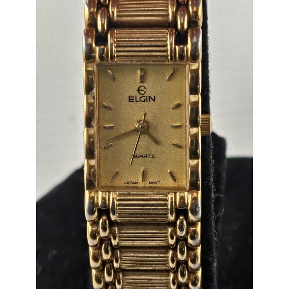 ELGIN Ladies gold tone rectangle case champagne dial - Picture 1 of 11
